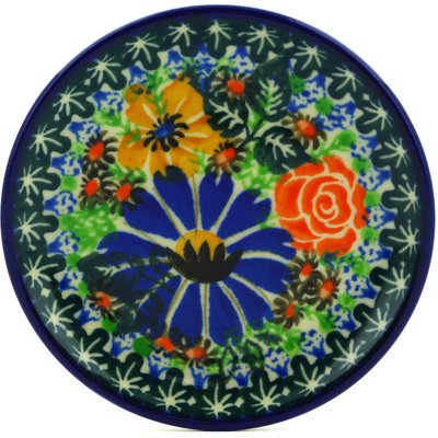 Polish Pottery Mini Plate, Coaster plate Blue Ribbon Bouquet UNIKAT