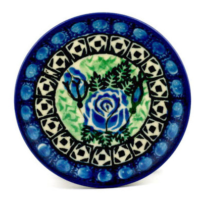 Polish Pottery Mini Plate, Coaster plate Blue Rose Blossom UNIKAT