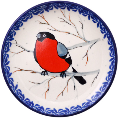 Polish Pottery Mini Plate, Coaster plate Bullfinch On Rowan UNIKAT