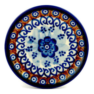 Polish Pottery Mini Plate, Coaster plate Dancing Blue Poppies UNIKAT