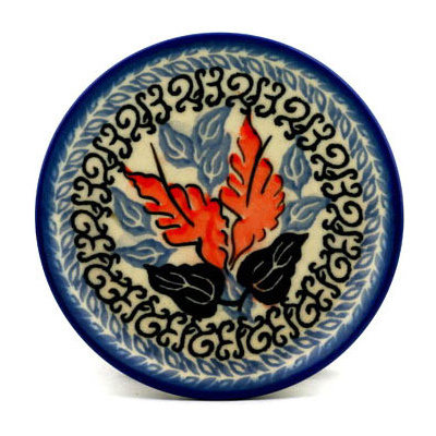 Polish Pottery Mini Plate, Coaster plate Gray Leaves UNIKAT