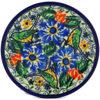Polish Pottery Mini Plate, Coaster plate Green Bird Garden UNIKAT