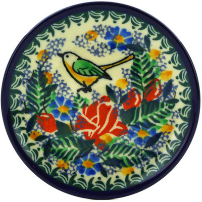 Polish Pottery Mini Plate, Coaster plate Green Bird Meadow UNIKAT