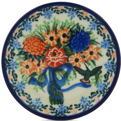 Polish Pottery Mini Plate, Coaster plate Hummingbird Bouquet UNIKAT