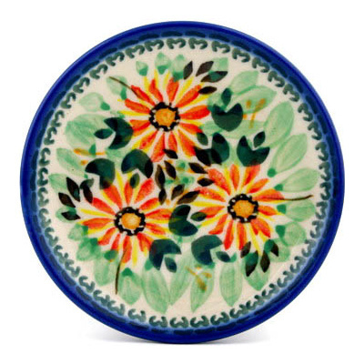 Polish Pottery Mini Plate, Coaster plate Orange Daisies UNIKAT