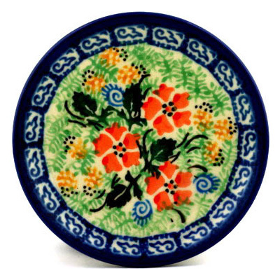 Polish Pottery Mini Plate, Coaster plate Orange Peonies Patch UNIKAT