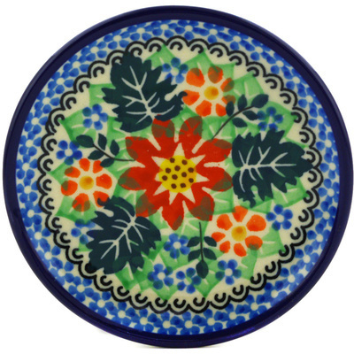 Polish Pottery Mini Plate, Coaster plate Poinsettia Prints UNIKAT