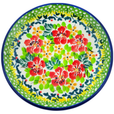 Polish Pottery Mini Plate, Coaster plate Red Flora On Green Daisy UNIKAT