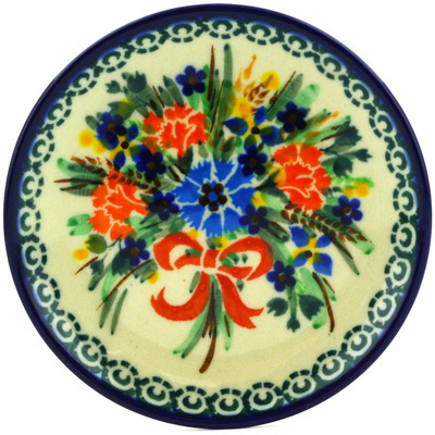 Polish Pottery Mini Plate, Coaster plate Red Ribbon Bouquet UNIKAT