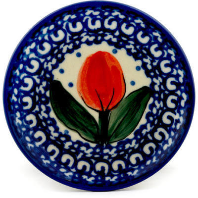 Polish Pottery Mini Plate, Coaster plate Red Tulip Circle UNIKAT