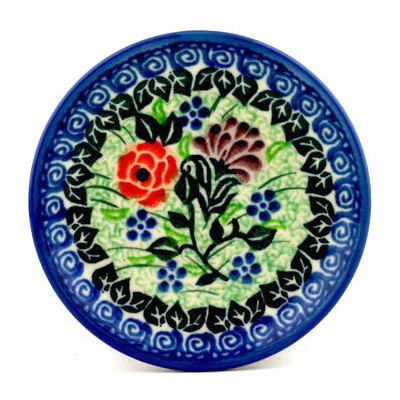 Polish Pottery Mini Plate, Coaster plate Roses In Clover UNIKAT