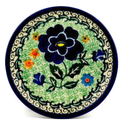Polish Pottery Mini Plate, Coaster plate Sapphire Pansies UNIKAT