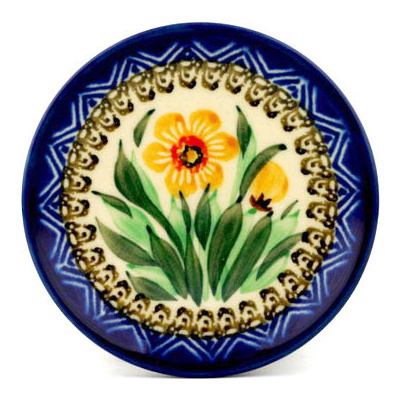 Polish Pottery Mini Plate, Coaster plate Yellow Daffodil Field UNIKAT