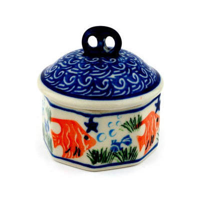 Polish Pottery Mini Pretzel Jar 3&quot; Angel Fish