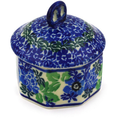 Polish Pottery Mini Pretzel Jar 3&quot; Blue Spring Wreath