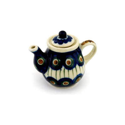 Polish Pottery Mini Tea Pot 2&quot; Peacock Leaves