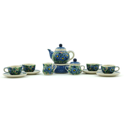 Polish Pottery Mini Tea Set 3&quot; Blue Bud Delight UNIKAT