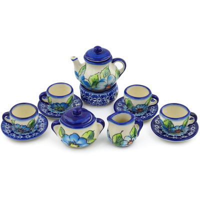 Polish Pottery Mini Tea Set 3&quot; Bold Blue Poppies UNIKAT