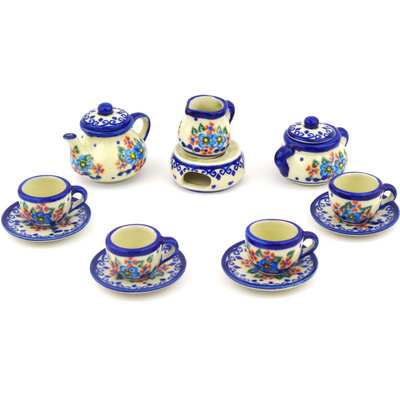 Polish Pottery Mini Tea Set 3&quot; Hearts And Flowers