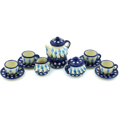 Polish Pottery Mini Tea Set 3&quot; Peacock Tulip Garden