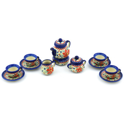 Polish Pottery Mini Tea Set 3&quot; Poinsettia UNIKAT