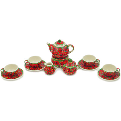 Polish Pottery Mini Tea Set 3&quot; Savvy Scarlet UNIKAT
