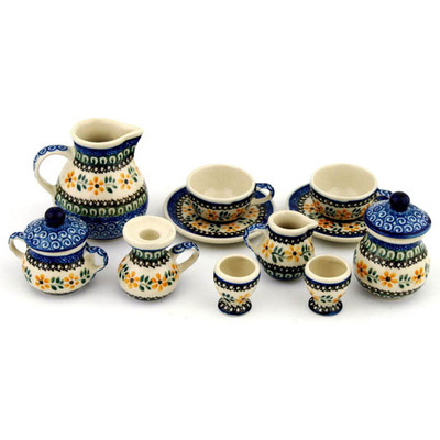 Polish Pottery Mini Tea Set 3&quot; Yellow Daisy Swirls