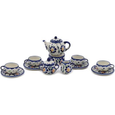 Polish Pottery Mini Tea Set 4&quot; Orange And Blue Flower