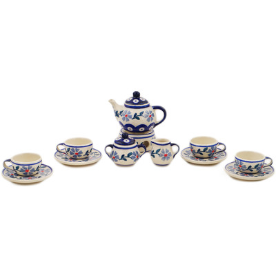 Polish Pottery Mini Tea Set 4&quot; Peacock Forget-me-not