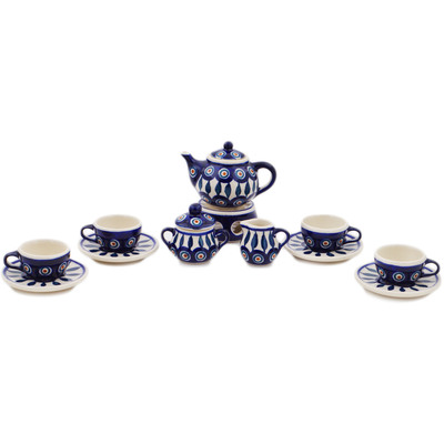 Polish Pottery Mini Tea Set 4&quot; Peacock