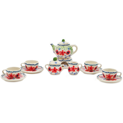 Polish Pottery Mini Tea Set 4&quot; Red Blossom