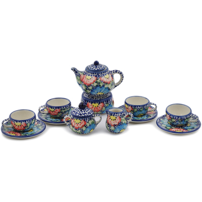 Polish Pottery Mini Tea Set 4&quot; Spotted Garden UNIKAT