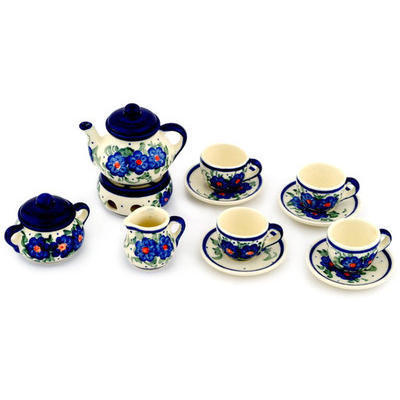 Polish Pottery Mini Tea Set 4&quot; Summertime Blues UNIKAT