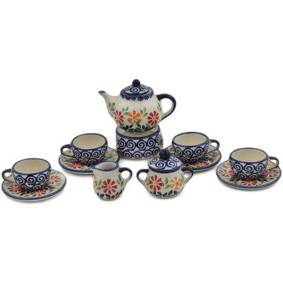 Polish Pottery Mini Tea Set 4&quot; Wave Of Flowers