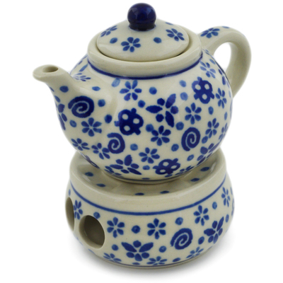 Polish Pottery Mini Teapot with Heater 4&quot; Blue Confetti