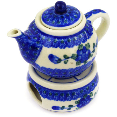 Polish Pottery Mini Teapot with Heater 4&quot; Blue Poppies