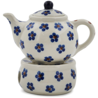 Polish Pottery Mini Teapot with Heater 4&quot; Daisy Dots