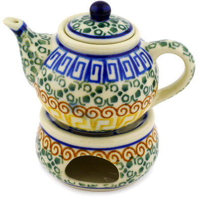 Polish Pottery Mini Teapot with Heater 4&quot; Grecian Sea