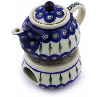 Polish Pottery Mini Teapot with Heater 4&quot; Peacock Leaves