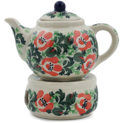 Polish Pottery Mini Teapot with Heater 4&quot; Red Rose Buds UNIKAT