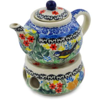 Polish Pottery Mini Teapot with Heater 4&quot; Robin&#039;s Wreath UNIKAT