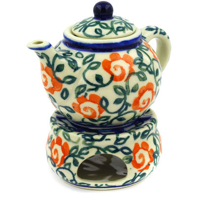 Polish Pottery Mini Teapot with Heater 4&quot; Rose Vines UNIKAT