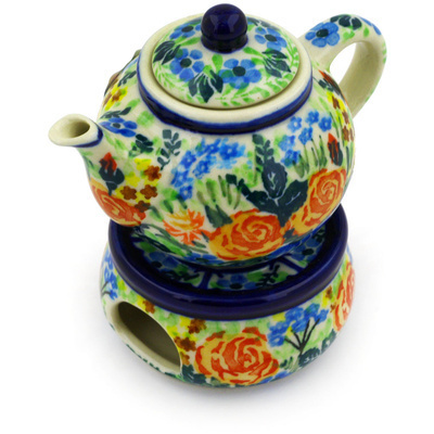 Polish Pottery Mini Teapot with Heater 4&quot; Sunset Rose Bouquet UNIKAT