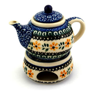 Polish Pottery Mini Teapot with Heater 4&quot; Yellow Daisy Swirls