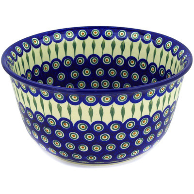 Polish Pottery Mixing Bowl 12-inch (8 quarts) Peacock Leaves