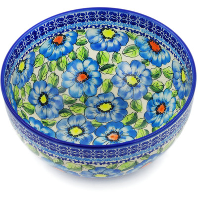 Polish Pottery Mixing bowl, serving bowl Bold Blue Poppies UNIKAT