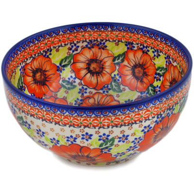 Polish Pottery Mixing bowl, serving bowl Orange Zinnia UNIKAT