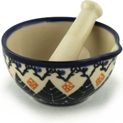 Polish Pottery Mortar and Pestle Small Alpine Leaves