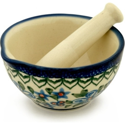 Polish Pottery Mortar and Pestle Small Azure Blooms