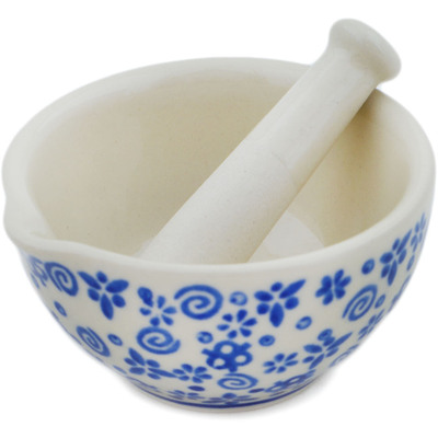 Polish Pottery Mortar and Pestle Small Blue Confetti